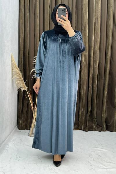 3298 Çilek Kadife  Elbise Gri