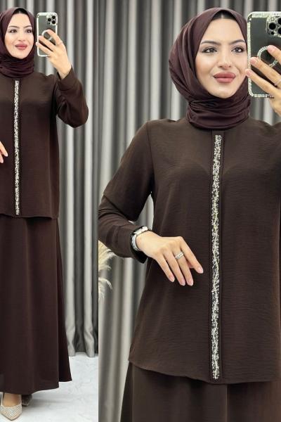 3371 Sedef Etekli Takım Kahverengi