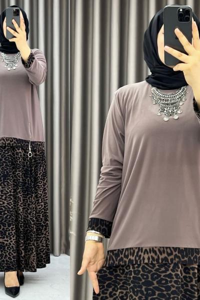 3520 Ayşıl Leopar Etekli Takım Vizon