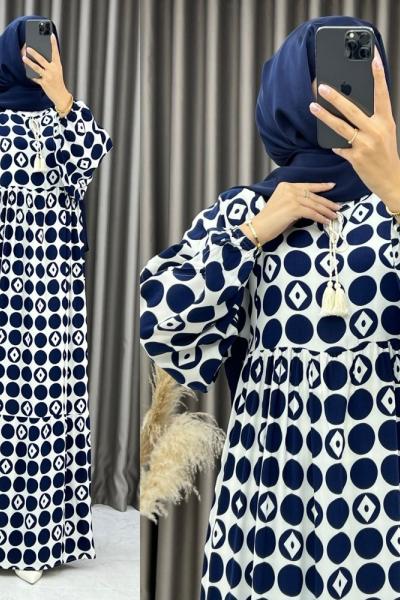 3537 Elvan Balon Kol Elbise Lacivert