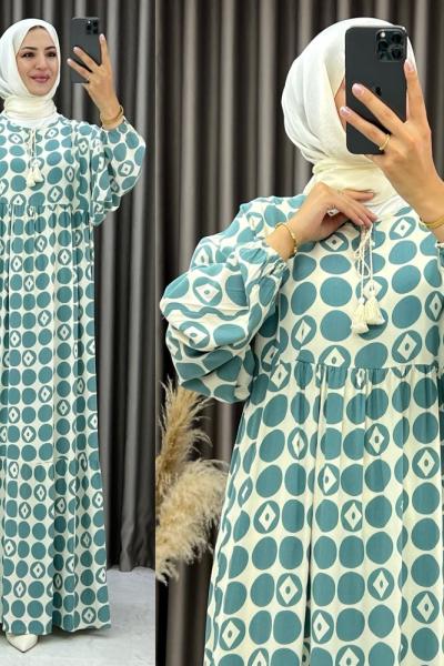 3537 Elvan Balon Kol Elbise Yeşil