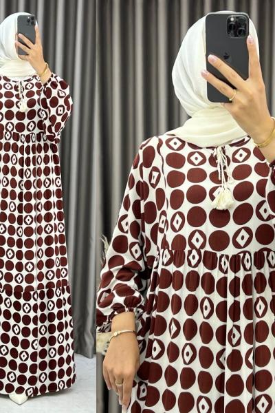 3537 Elvan Balon Kol Elbise Kahverengi