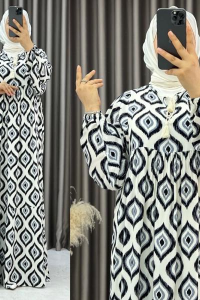 3538 Sahne Balon Kol Elbise Gri