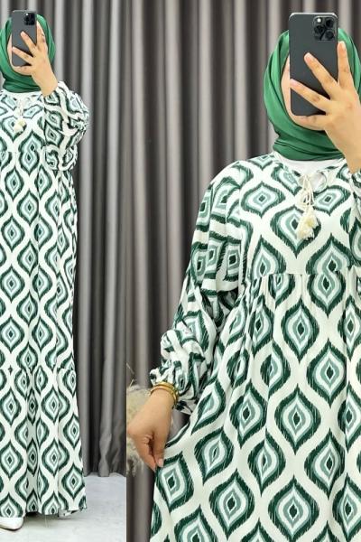 3538 Sahne Balon Kol Elbise Yeşil