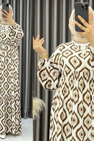 3538 Sahne Balon Kol Elbise Kahverengi