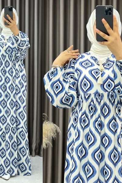 3538 Sahne Balon Kol Elbise Mavi