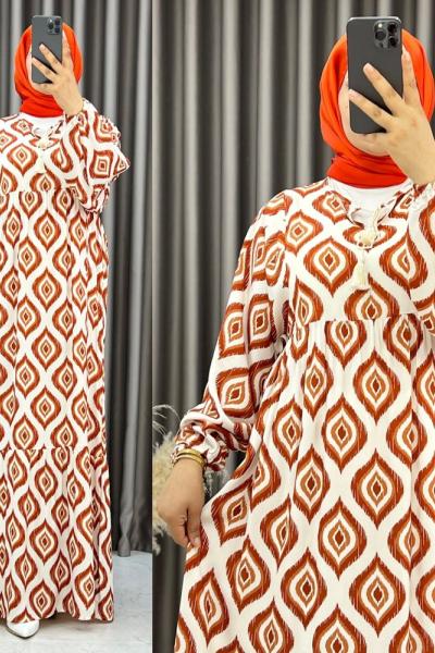 3538 Sahne Balon Kol Elbise Oranj