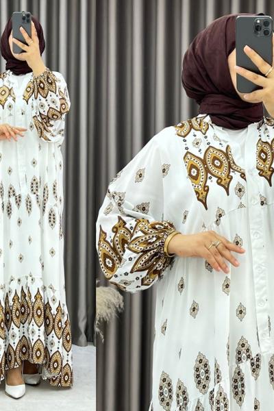 3539 Müge Balon Kol Elbise Kahverengi