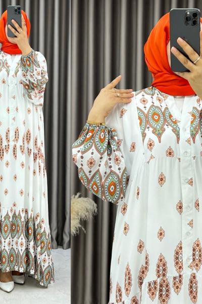 3539 Müge Balon Kol Elbise Oranj