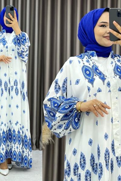 3539 Müge Balon Kol Elbise Mavi