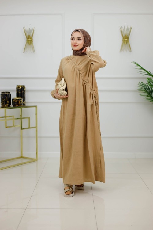 BANU MÜSLİN BÜZGÜLÜ ELBİSE-CAMEL