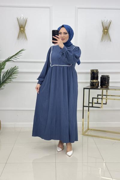BİNNAZ MÜSLİN ELBİSE-İNDİGO MAVİ