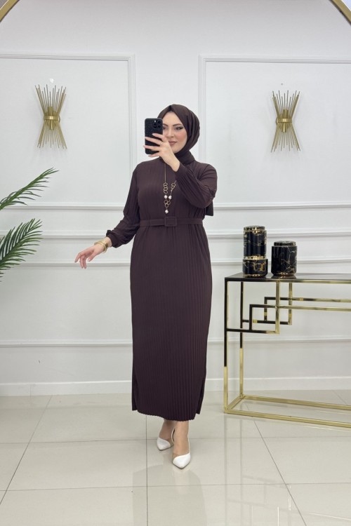 NAZLI PİLİSELİ ELBİSE-ACI KAHVE